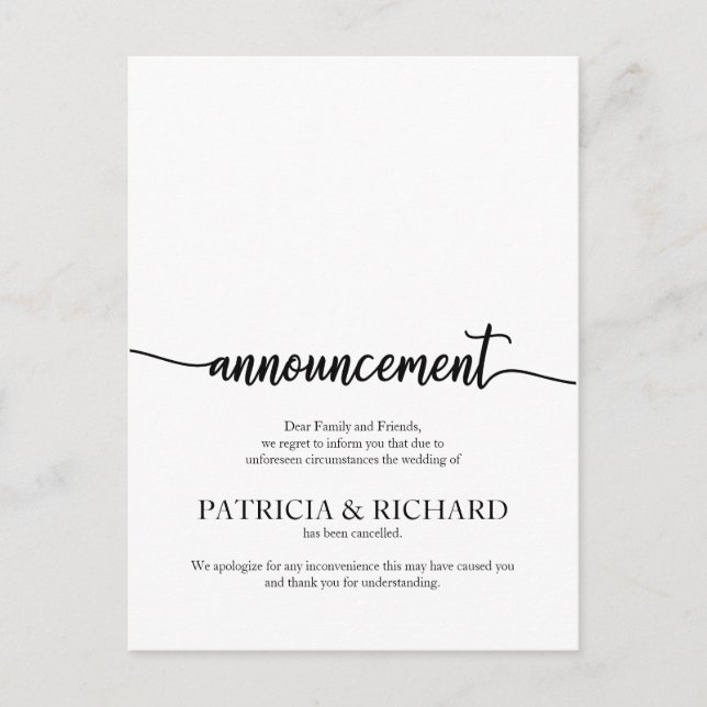 Announcement Cancelled Wedding Elegant Calligraphy Postcard (Front)