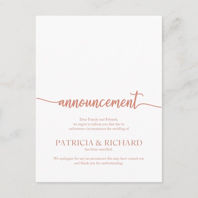 Announcement Cancelled Wedding Elegant Rose Gold Postcard (Front)