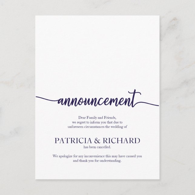 Announcement Cancelled Wedding Navy Blue Script Postcard (Front)