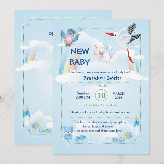 announsment for new baby boy. Invitation (Front/Back)