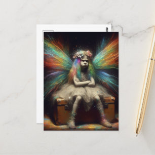 Annoyed Little Fairy Sitting on a Vintage Trunk Postcard
