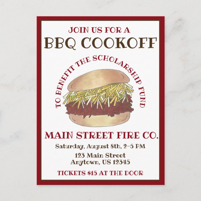 Annual BBQ Pork Barbecue Sandwich Cookoff Cook Off Invitation Postcard (Front)