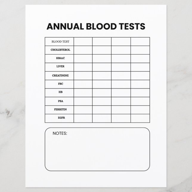 Annual Blood Test Tracker  (Front)