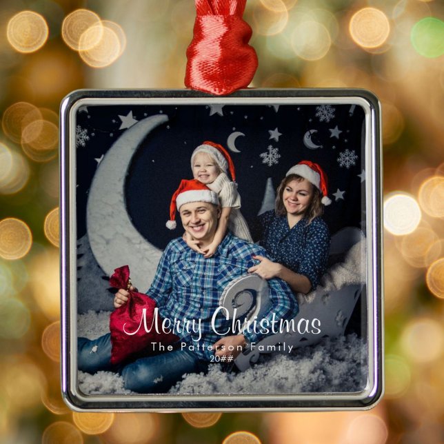 Annual Family Photo and Name Merry Christmas  Metal Ornament (Available in multiple types of ornaments. Customize with your picture, family name and date.)