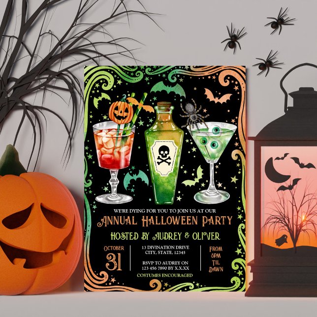 Annual Halloween Cocktail Party Pumpkin + Potions  Invitation (Annual Halloween Cocktail Party Green and Orange Invitation)