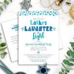 Annual Hanukkah Party Fun Latkes Laughter Light Invitation Postcard<br><div class="desc">“Latkes, laughter & light.” It's time to get together for Hanukkah. Fun whimsical handcrafted typography along with a random Star of David pattern in dusty blue, turquoise and teal help you usher in the holiday party season. Celebrate with family and friends while you feel the warmth and joy of the...</div>