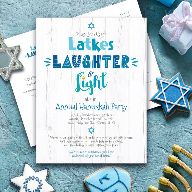 Annual Hanukkah Party Latkes Laughter Light Rustic Invitation Postcard (Creator Uploaded)