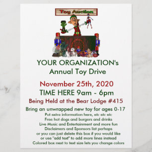 Annual Toy Drive Flier with cute elf toy auction Flyer