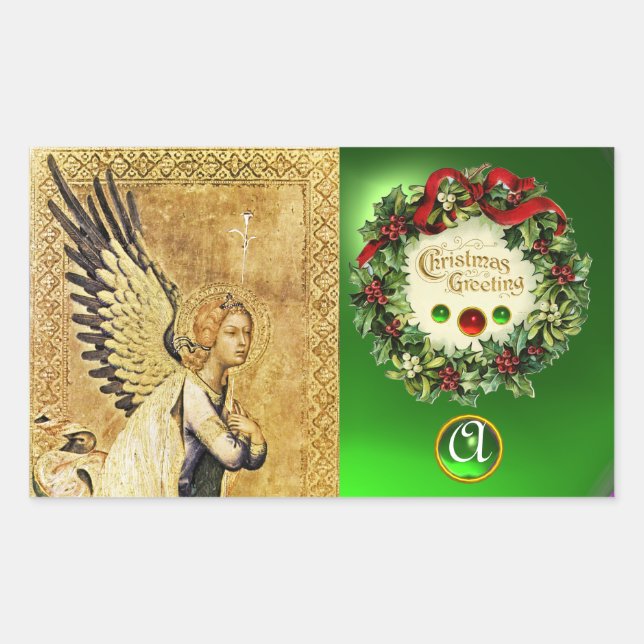 ANNUNCIATION ANGEL MONOGRAM, Green Emerald Rectangular Sticker (Front)