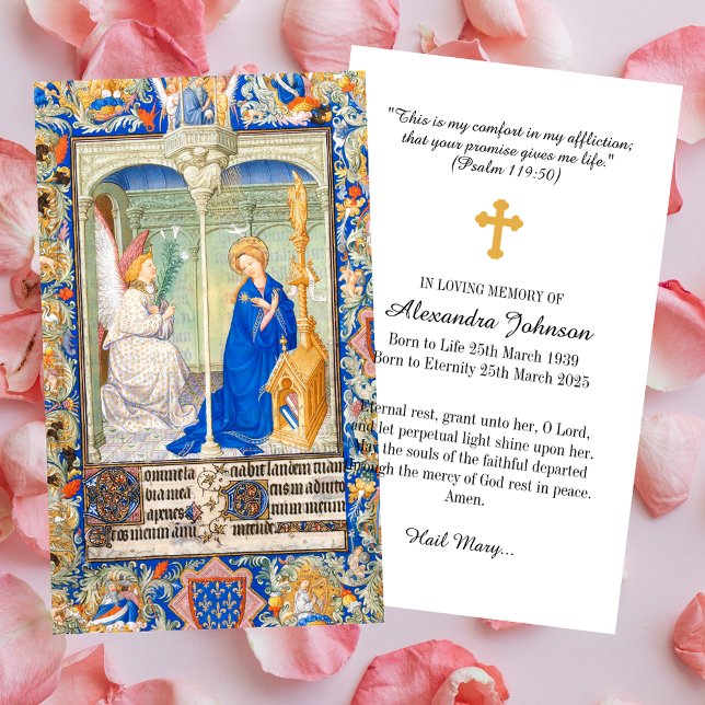 Annunciation Hail Mary Funeral Memorial Prayer Business Card (The Annunciation Hail Mary Christian Catholic In loving memory Funeral Memorial Prayer Card)