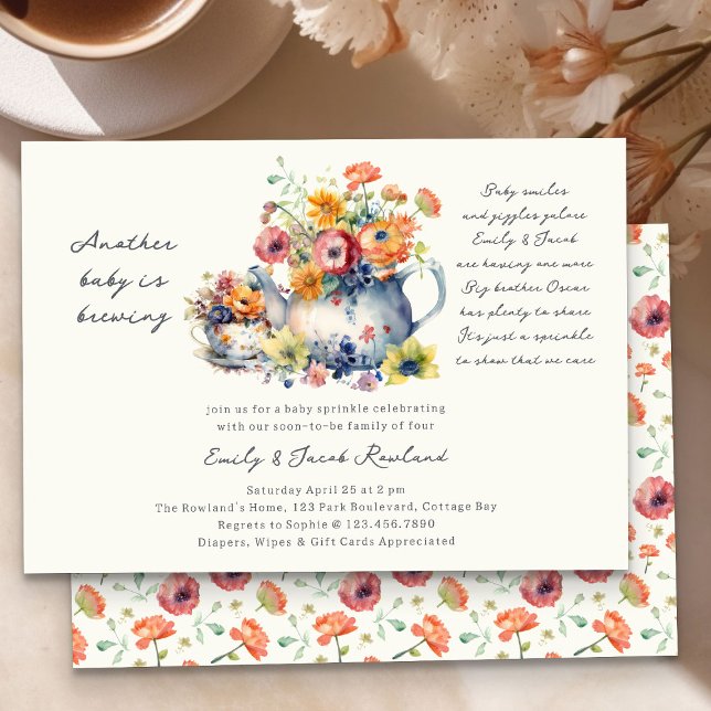 Another Baby is Brewing Floral Teapot Sprinkle Invitation (Another Baby is Brewing Baby Sprinkle Invitation with Teapot, Teacup and country flowers)