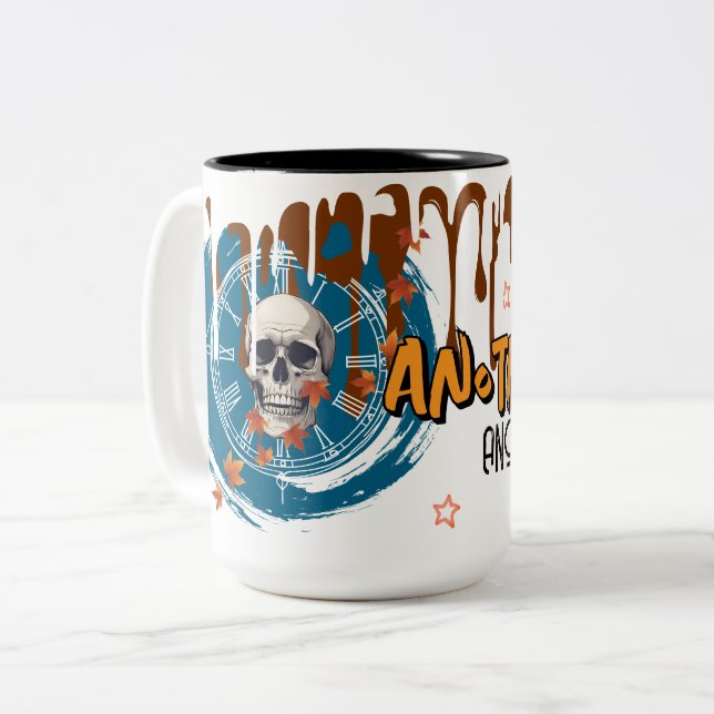 Another Day Another Decay – Skull Clock Halloween Two-Tone Coffee Mug (Front Left)