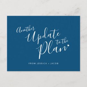Another update to plan blue white heart wedding announcement postcard