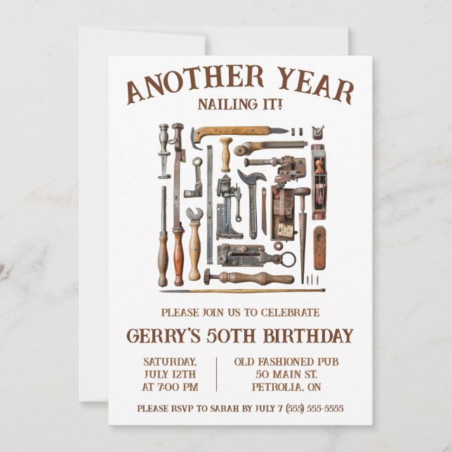 Another Year Nailing It!  Woodworking Birthday Invitation (Front)