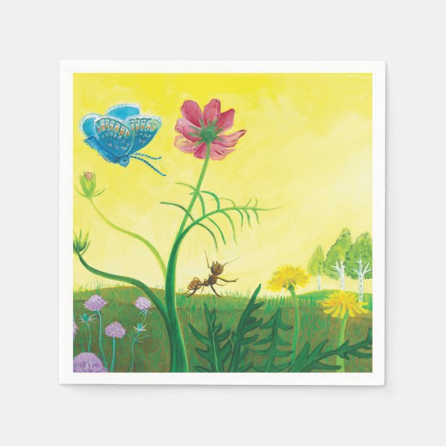 Ant and butterfly on a summer meadow Illustration Napkin (Front)