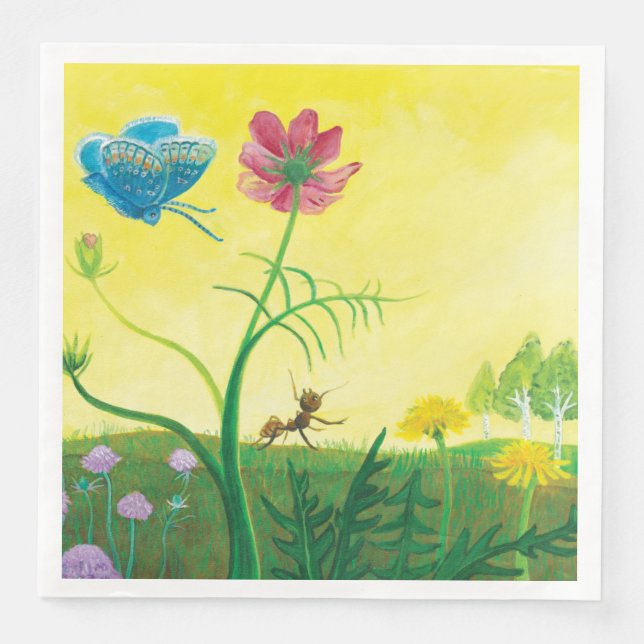 Ant and butterfly on a summer meadow Illustration Napkin (Front)