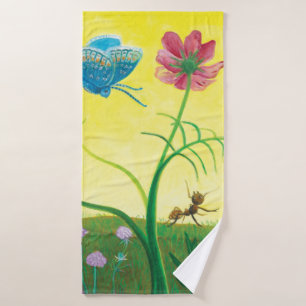 Ant and butterfly on wildflower meadow  bath towel
