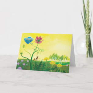 Ant and butterfly on wildflower meadow holiday card