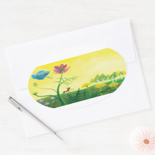 Ant and butterfly on wildflower meadow  oval sticker