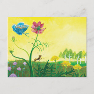 Ant and butterfly on wildflower meadow postcard