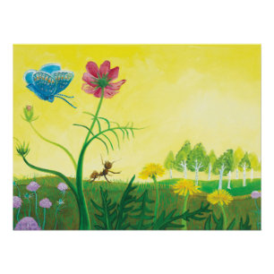 Ant and butterfly on wildflower meadow poster