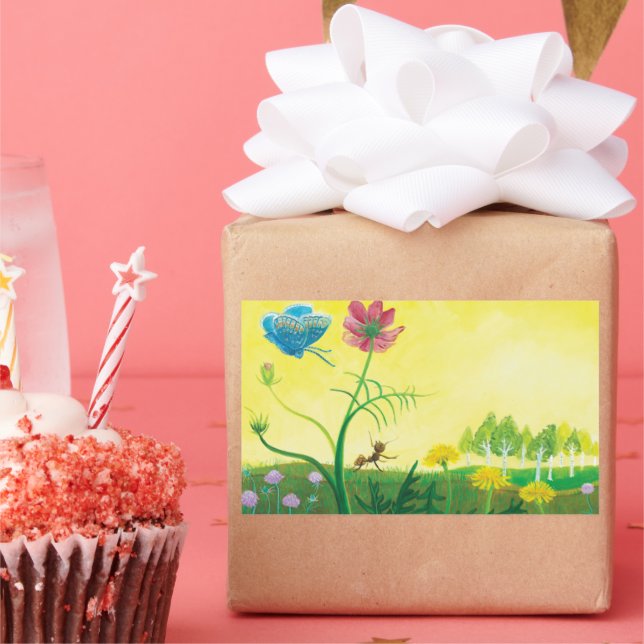 Ant and butterfly on wildflower meadow  rectangular sticker (Party)