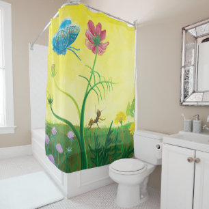 Ant and butterfly on wildflower meadow shower curtain