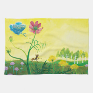 Ant and butterfly on wildflower meadow tea towel