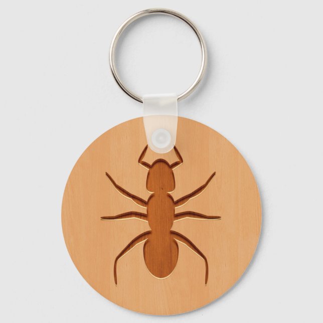 Ant silhouette engraved on wood design key ring (Front)