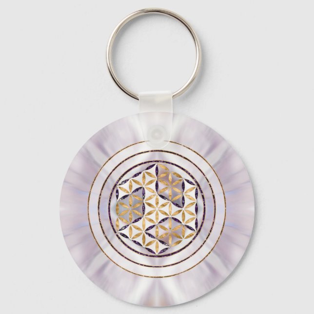 Antahkarana in Flower of Life - Pearl and Amethyst Key Ring (Front)