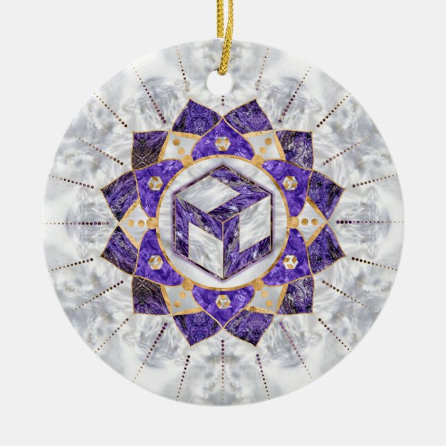 Antahkarana in Lotus Mandala- Amethyst and Pearl Ceramic Ornament (Front)