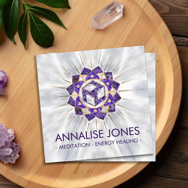 Antahkarana in Lotus Mandala- Amethyst and Pearl Square Business Card (Creator Uploaded)