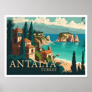 Antalya Turkey Vintage Travel Illustration Poster