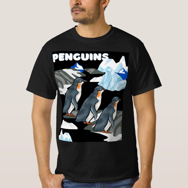 Antarctic Penguin Parade On Black Icey Background  T-Shirt (Front)