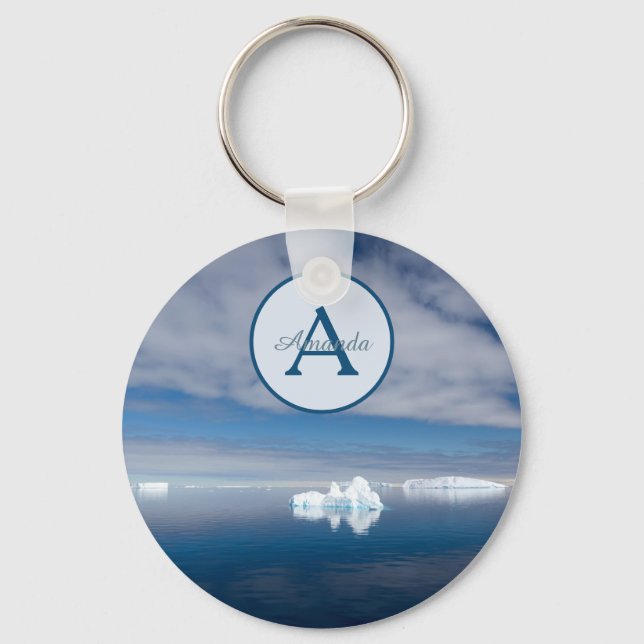 Antarctica blue ice photo with monogram and name key ring (Front)