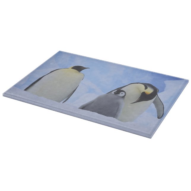 Antarctica. Emperor penguins and chick Cutting Board (Corner)