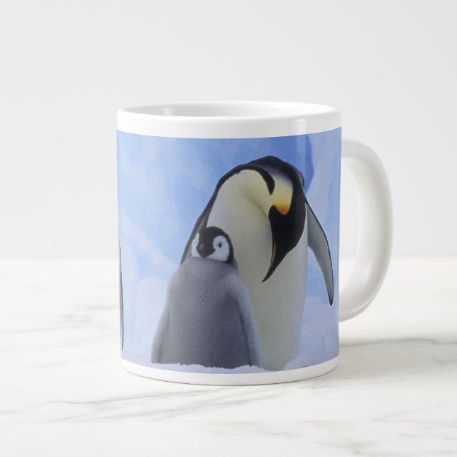 Antarctica. Emperor penguins and chick Large Coffee Mug (Front Right)