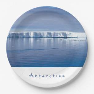 Antarctica iceberg landscape photo with white text paper plate