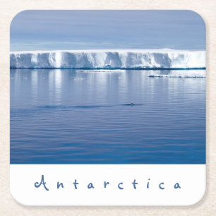 Antarctica iceberg landscape photo with white text square paper coaster