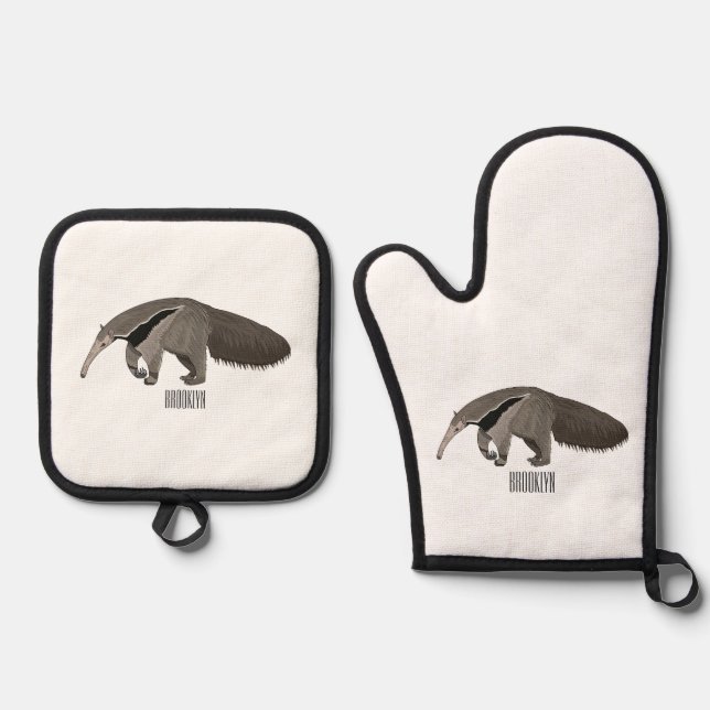 Anteater cartoon illustration  oven mitt & pot holder set (Front)