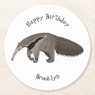 Anteater cartoon illustration round paper coaster