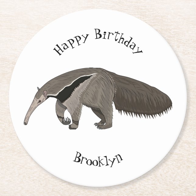 Anteater cartoon illustration round paper coaster (Front)