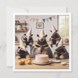 Anteaters celebrating birthday with cake and hat invitation