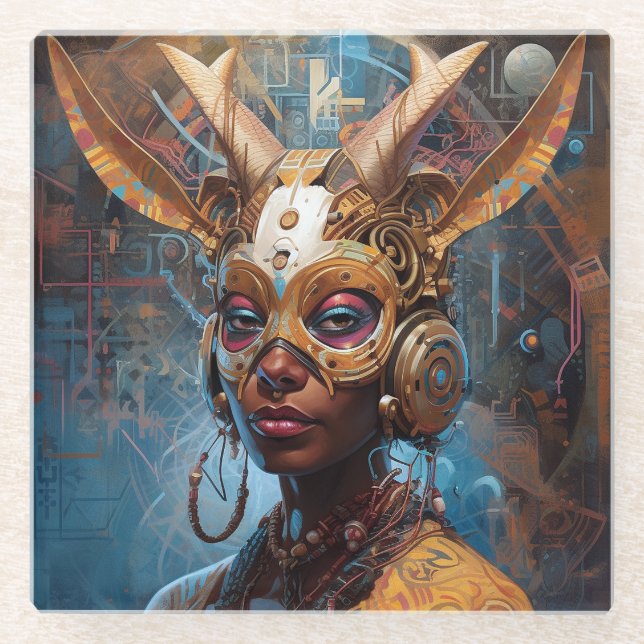 Antelope Headdress Science Fiction Cyberpunk Glass Coaster (Front)