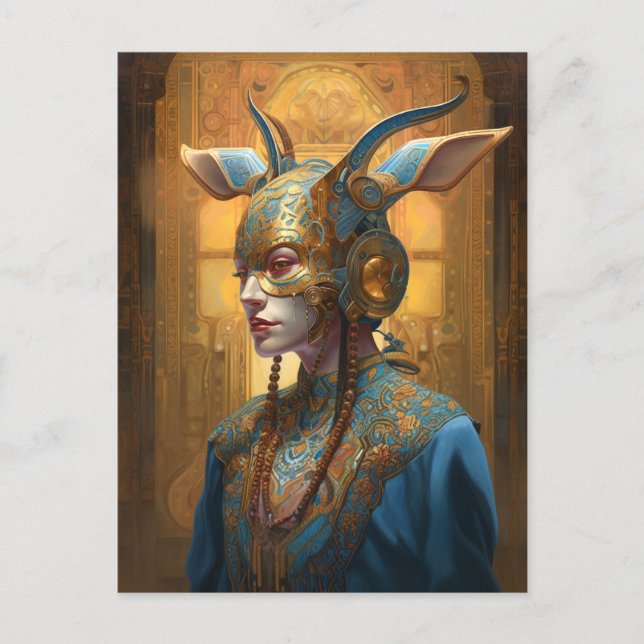 Antelope Mask Headdress Fantasy Blue Gold Postcard (Front)
