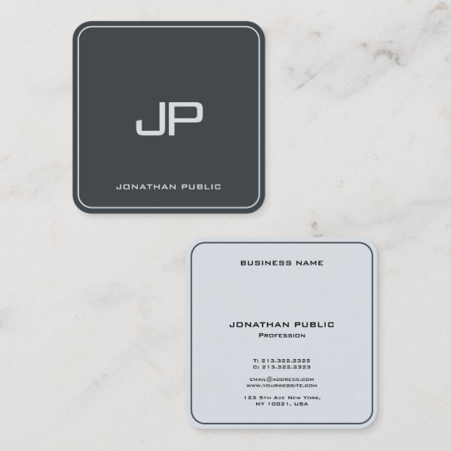 Anthracite Grey Elegant Silver Monogram Glossy Square Business Card (Front/Back)