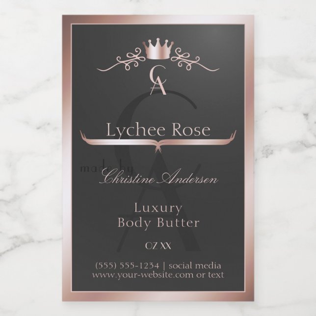 Anthracite Product Label Rose Gold Frame Monogram (Single Label)