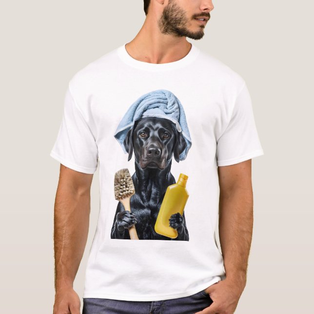 Anthropomorphic Black Labrador Wearing Towel Holdi T-Shirt (Front)