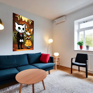 Anthropomorphic husband and wife cat   AI Art Poster