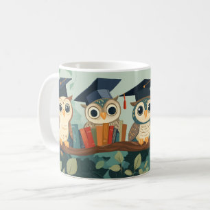 Anthropomorphic owls wearing graduation caps sit o coffee mug